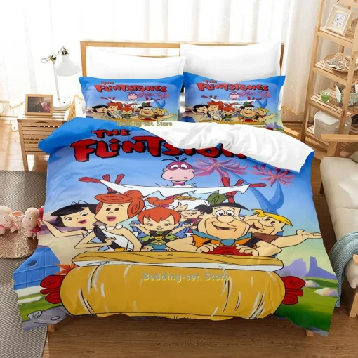 Personality Flintstones Bedding Set Cartoon Anime three piece set Adult Kid Bedroom Duvetcover Sets 3D Kawaii